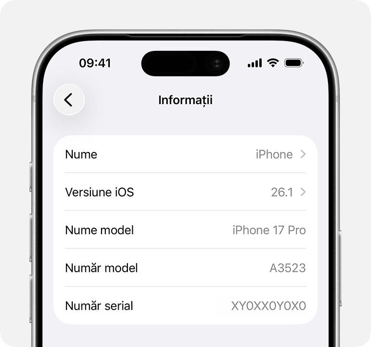 Ecranul Informații pe iPhone cu număr de serie și IMEI